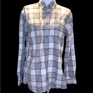 Eddie Bauer Wrinkle Free Classic Fit Medium Button Down Plaid Grey Orange Shirt
